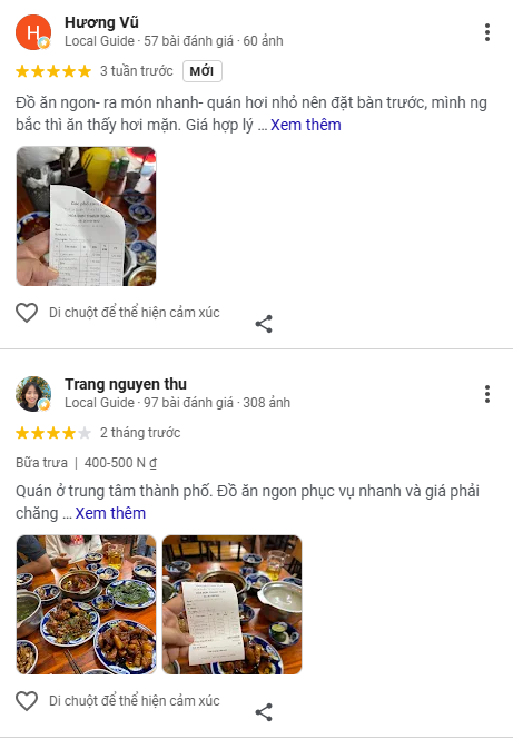 Đánh giá của khách về món ăn và giá cả tại quán