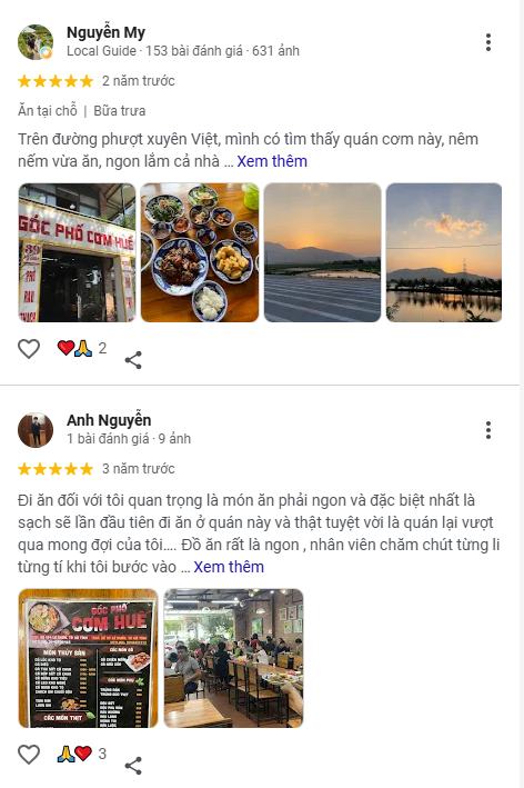Đánh giá 5 sao của khách trên Google về Góc Phố Cơm Huế