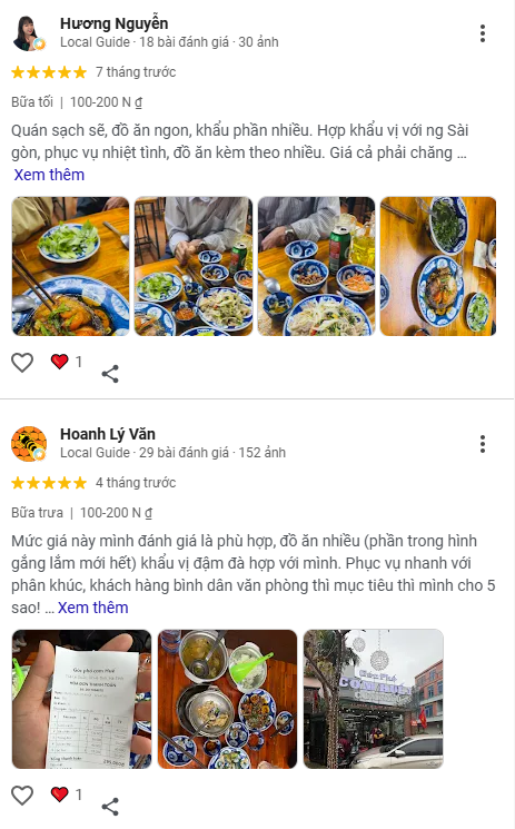 Đánh giá 5 sao: đồ ăn ngon, khẩu phần nhiều, giá phải chăng